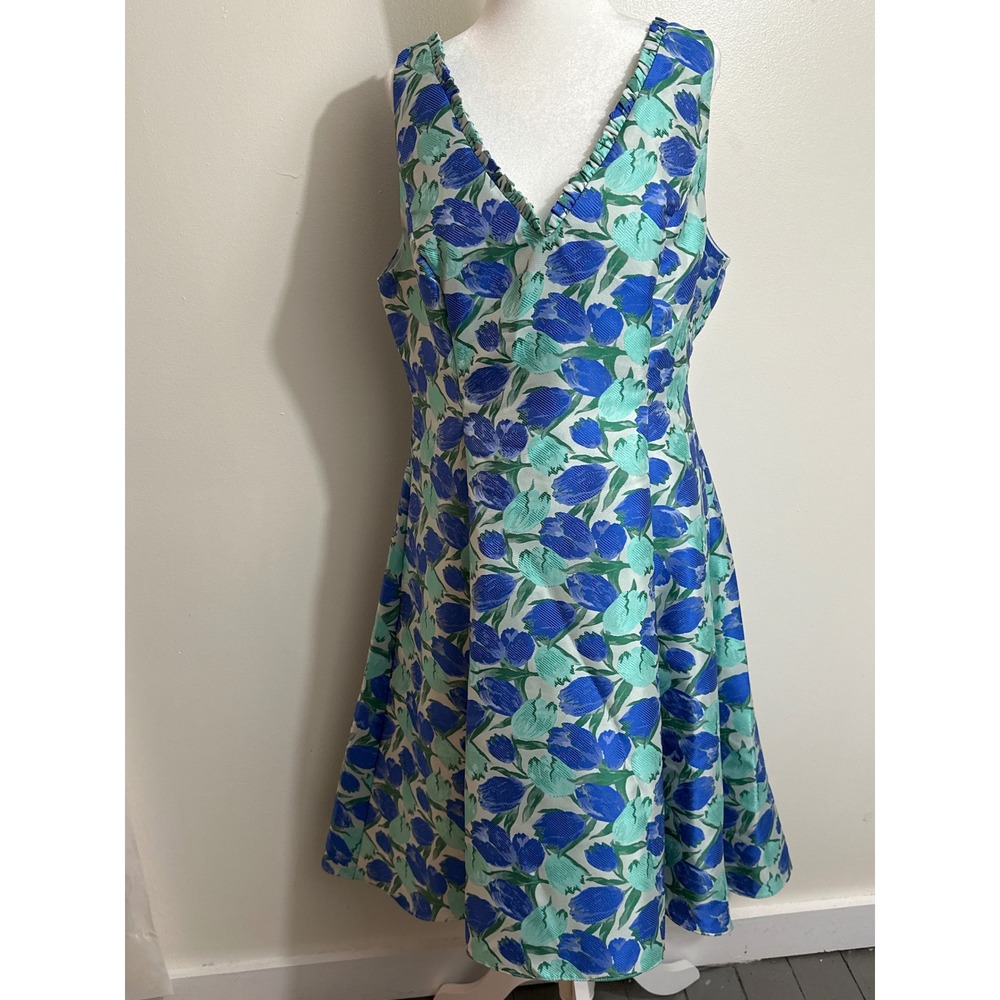 Adrianna Papell Blue Green Tulip Floral Jacquard V-Neck Fit Flare Dress 12